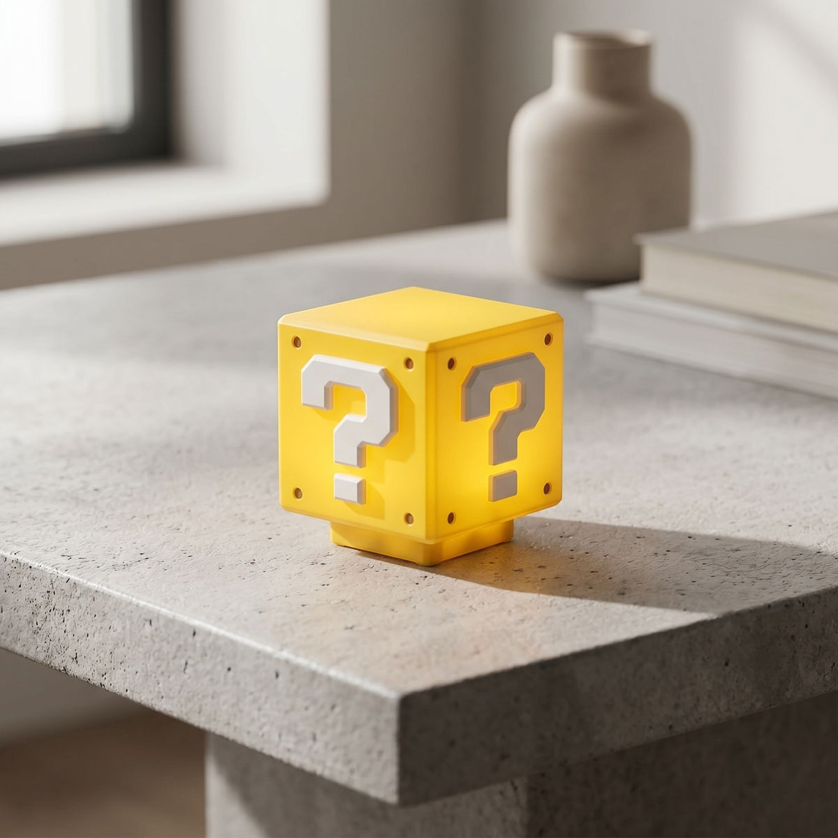 zero2cart yellow question mark brick LED night light glowing on a grey stone table in a modern room