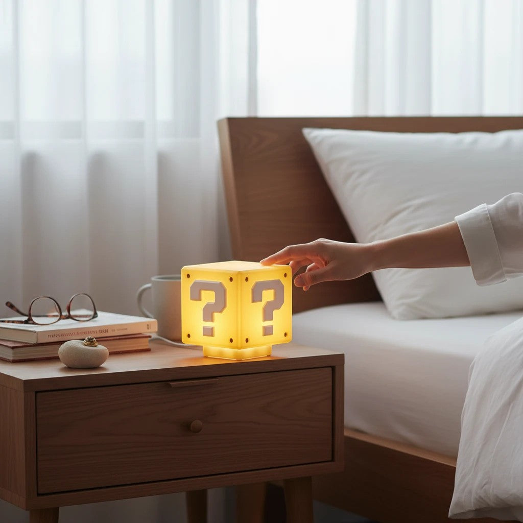 zero2cart rechargeable yellow question mark brick LED night light on a wooden bedside table with a hand touching it