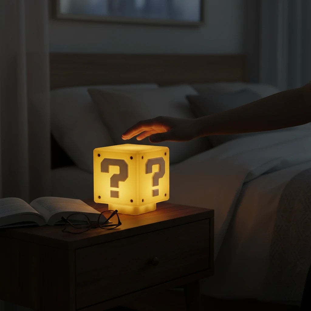 zero2cart rechargeable question mark block LED night light glowing on a bedroom nightstand with a hand touching it