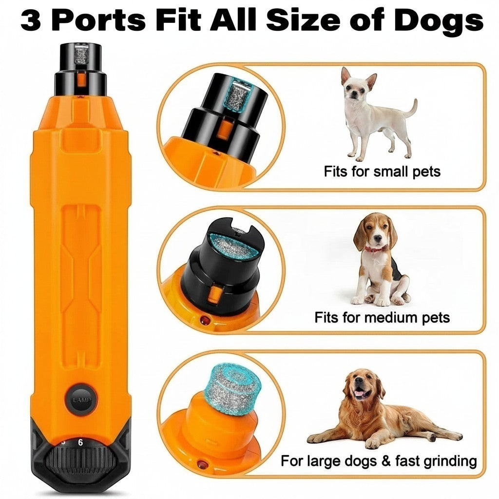 zero2cart rechargeable 6-speed dog nail grinder with three adjustable ports for small, medium, and large dog breeds.