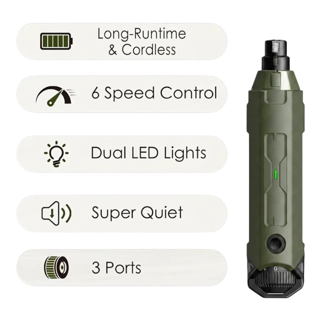 zero2cart rechargeable 6-speed dog nail grinder in olive green with LED lights and three grinding ports