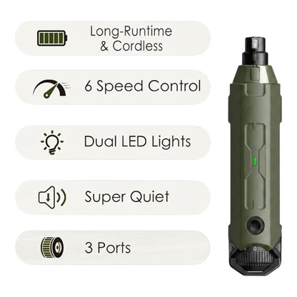 zero2cart rechargeable 6-speed dog nail grinder in olive green with LED lights and three grinding ports