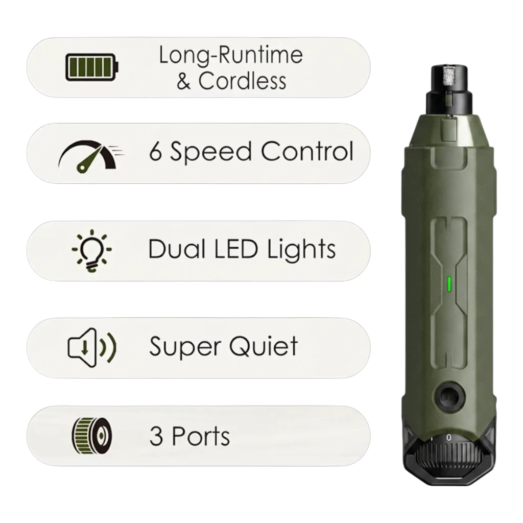 zero2cart rechargeable 6-speed dog nail grinder in olive green with LED lights and three grinding ports