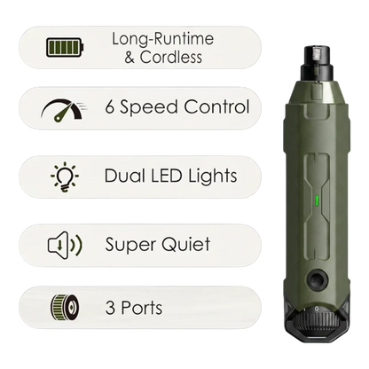 zero2cart rechargeable 6-speed dog nail grinder in olive green with LED lights and three grinding ports