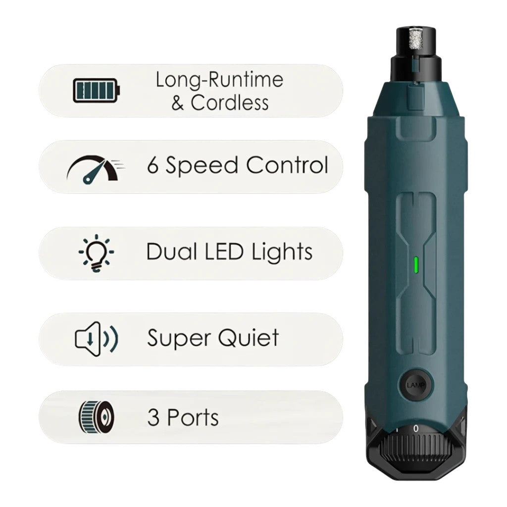 zero2cart rechargeable 6-speed dog nail grinder with dual LED lights, 3 ports, and quiet cordless operation