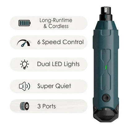 zero2cart rechargeable 6-speed dog nail grinder with dual LED lights, 3 ports, and quiet cordless operation