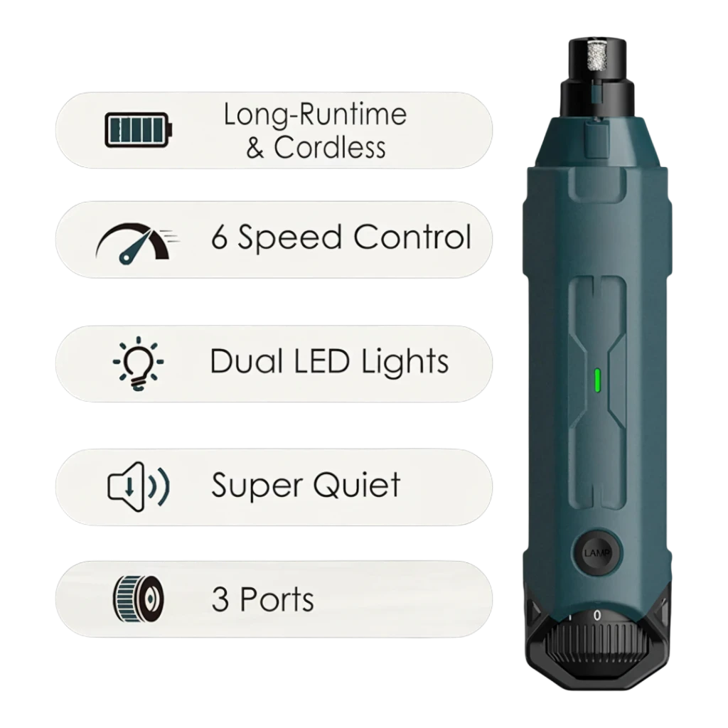 zero2cart rechargeable 6-speed dog nail grinder with dual LED lights, 3 ports, and quiet cordless operation