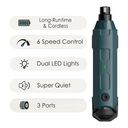 zero2cart rechargeable 6-speed dog nail grinder with dual LED lights, 3 ports, and quiet cordless operation