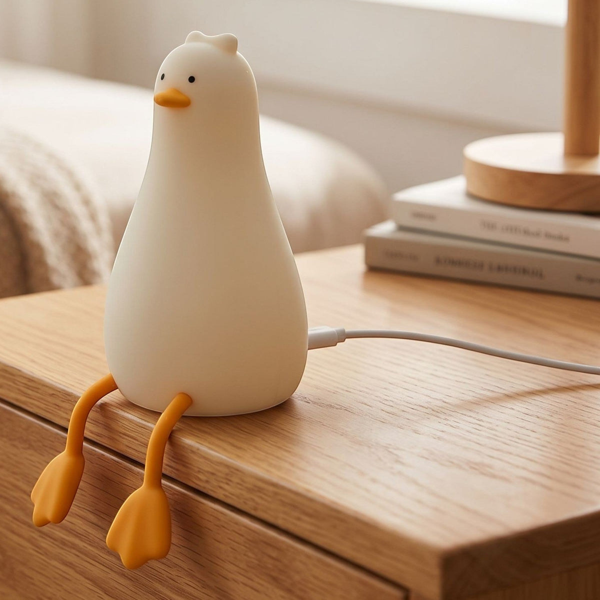 zero2cart rechargeable duck night light with soft silicone body and orange feet sitting on a wooden bedside table