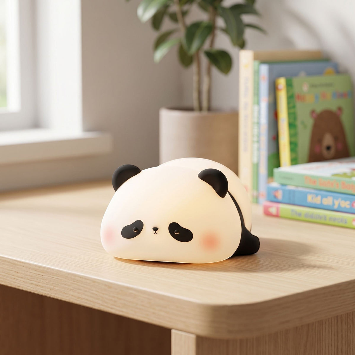 zero2cart rechargeable panda night light with soft silicone body glowing on a wooden desk in a nursery