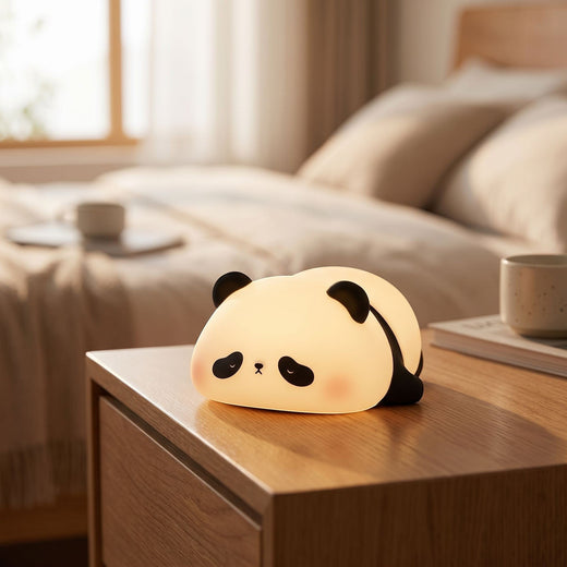 zero2cart rechargeable panda night light with soft silicone body glowing on a wooden bedside table in a bedroom