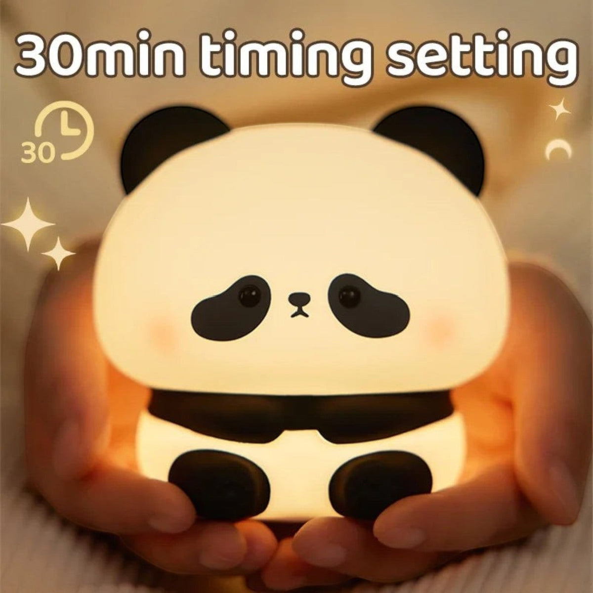 zero2cart rechargeable panda night light with soft silicone body and 30-minute timer glowing in hands