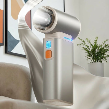 zero2cart rechargeable turbo handheld fan in silver metal with LED display showing battery percentage