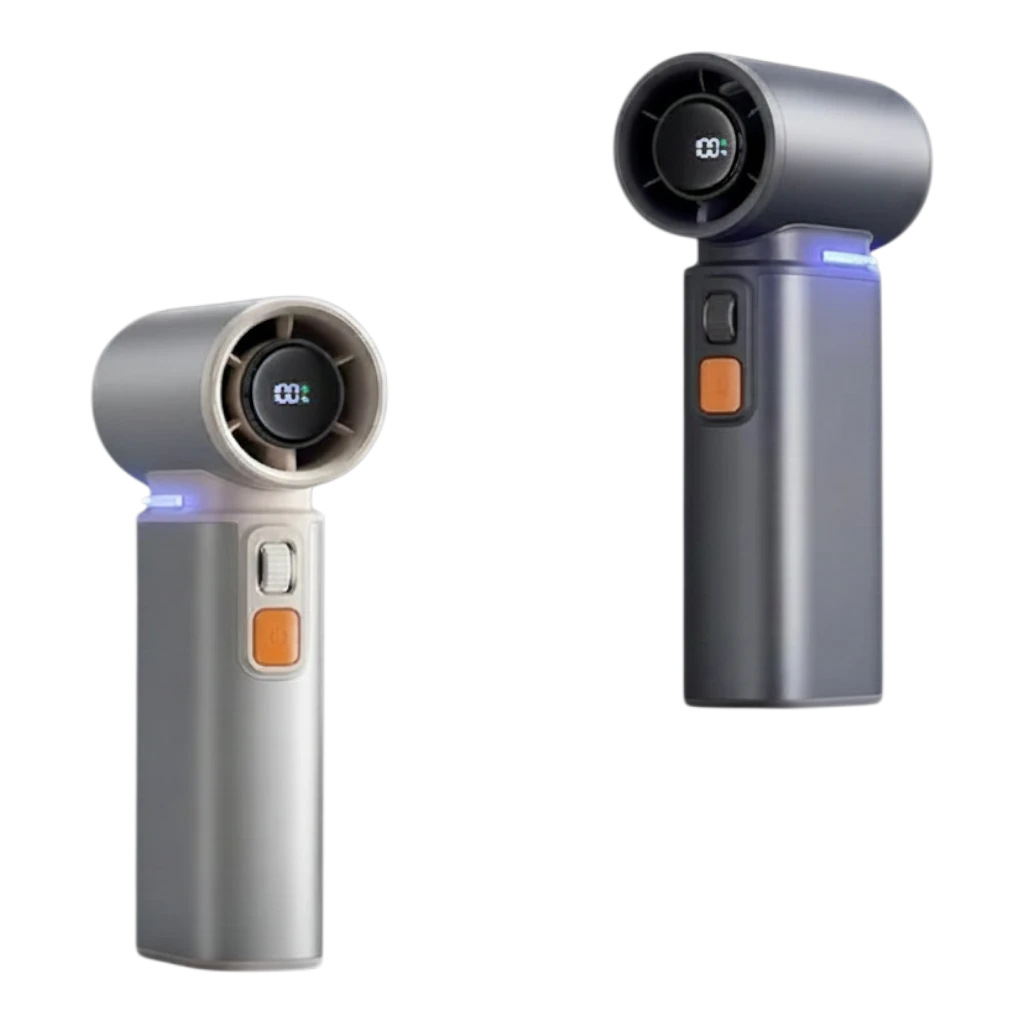 zero2cart rechargeable handheld turbo fans in silver and dark grey with digital LED battery displays on black background