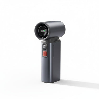 zero2cart rechargeable turbo handheld fan in dark grey metal with a digital LED battery display