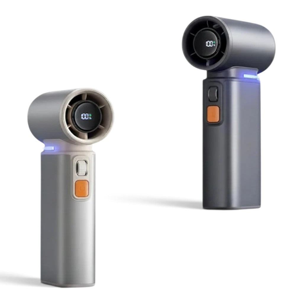 zero2cart rechargeable handheld turbo fans in silver and dark grey with digital LED battery displays on black background