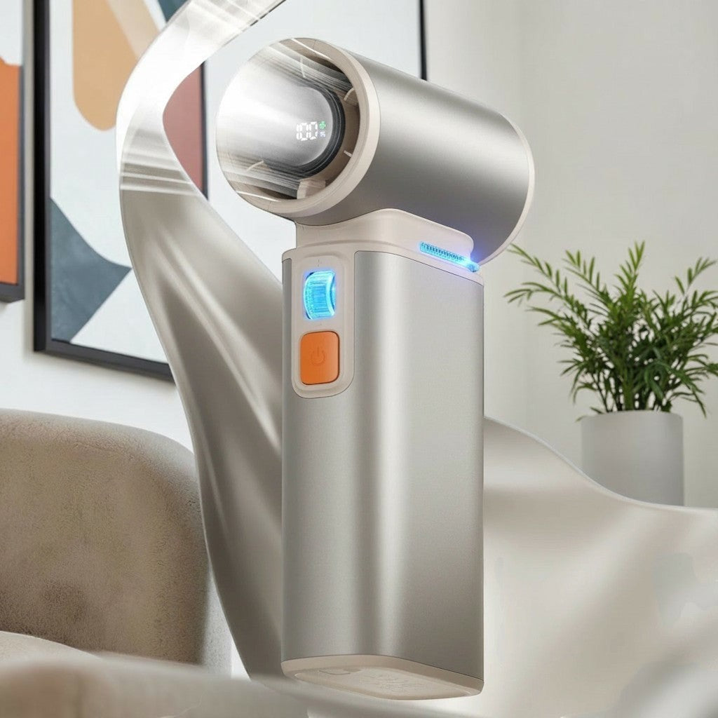 zero2cart rechargeable turbo handheld fan in silver metal with LED display showing battery percentage