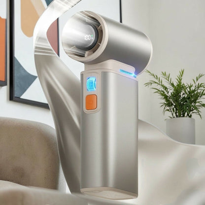 zero2cart rechargeable turbo handheld fan in silver metal with LED display showing battery percentage