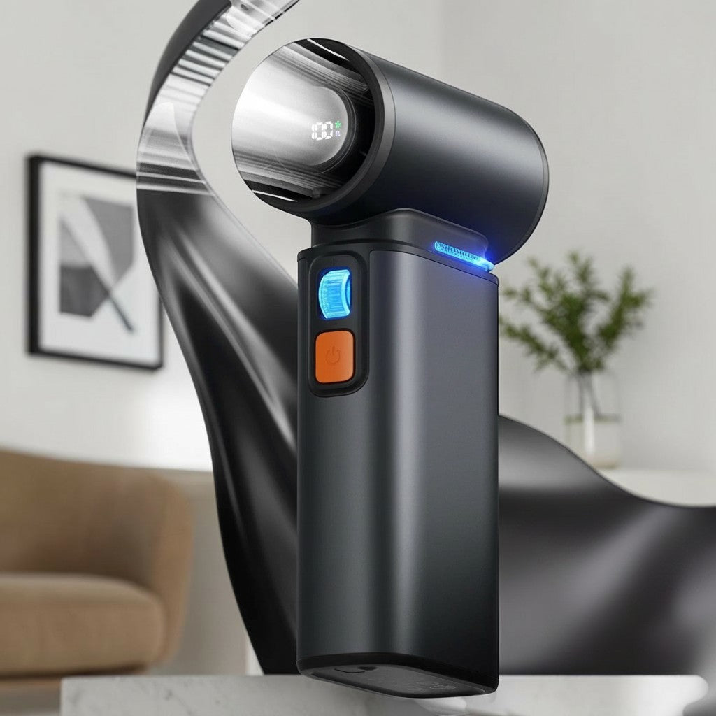 zero2cart rechargeable handheld turbo fan in matte black with digital LED display and orange power button