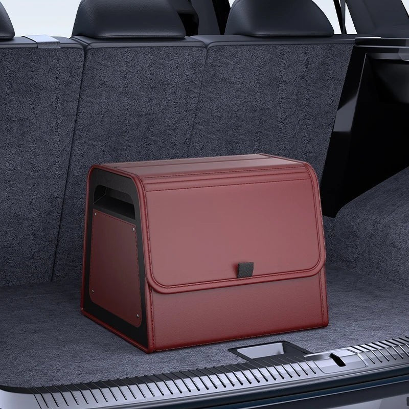 zero2cart magnetic car trunk organizer in dark red PU leather with a foldable design inside a vehicle trunk