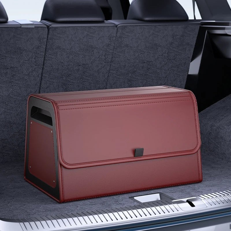 zero2cart magnetic car trunk organizer in dark red PU leather with a reinforced ABS frame and foldable design.