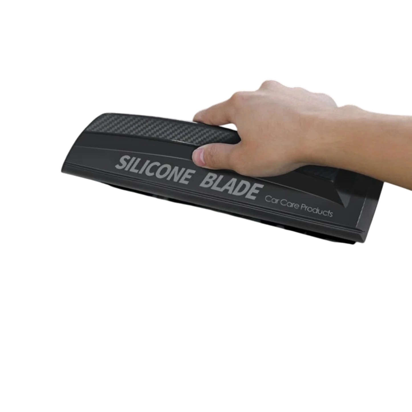 zero2cart soft silicone car squeegee with a black carbon fiber texture handle being held for window drying