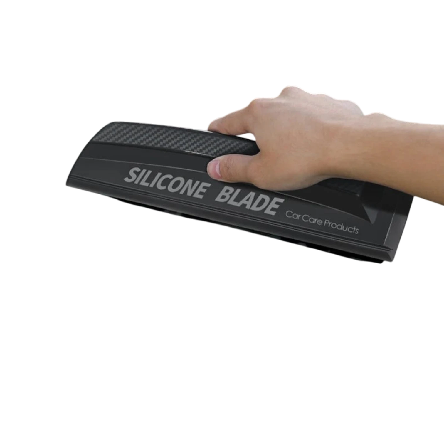 zero2cart soft silicone car squeegee with a black carbon fiber texture handle being held for window drying