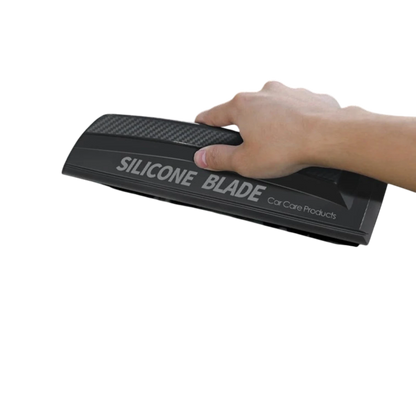 zero2cart soft silicone car squeegee with a black carbon fiber texture handle being held for window drying