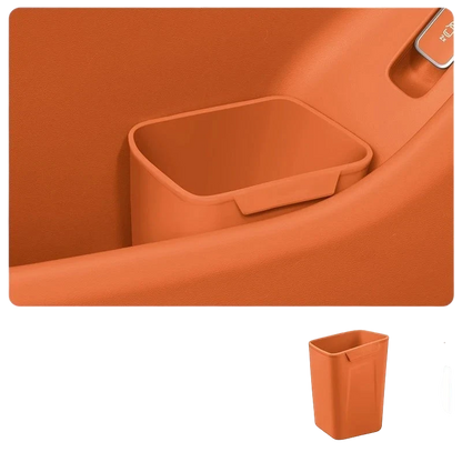 zero2cart orange silicone car door trash bin and organizer clipped onto a vehicle door panel