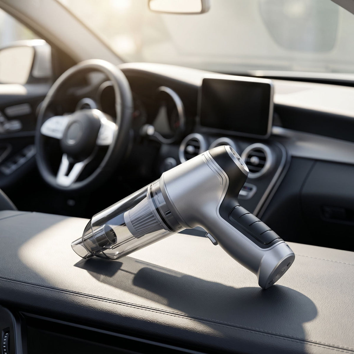zero2cart silver cordless handheld car vacuum cleaner resting on a car dashboard for quick interior cleaning