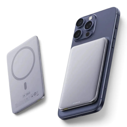 zero2cart ultra-slim 5000mAh magnetic wireless power bank attached to a smartphone against a black background.
