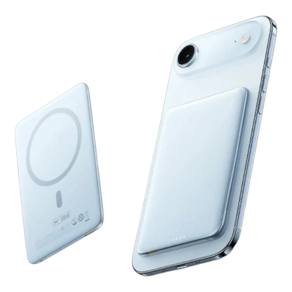 zero2cart slim 5000mAh magnetic wireless power bank attached to a smartphone in a sleek white aluminum finish