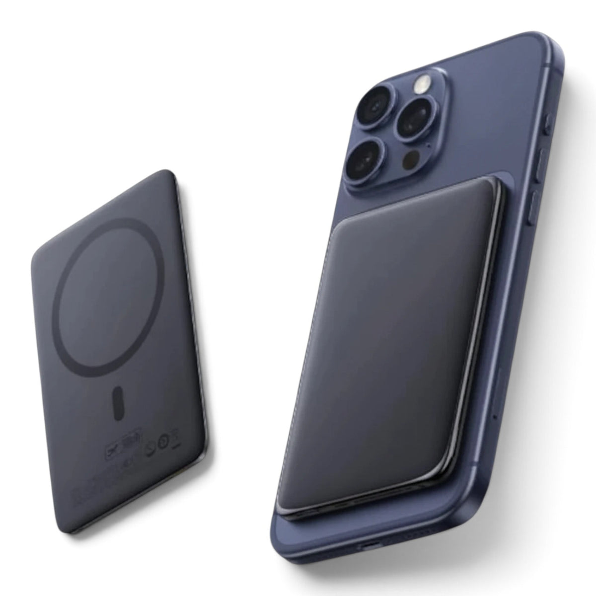 zero2cart slim 5000mAh magnetic wireless power bank attached to a smartphone, showing front and back views.