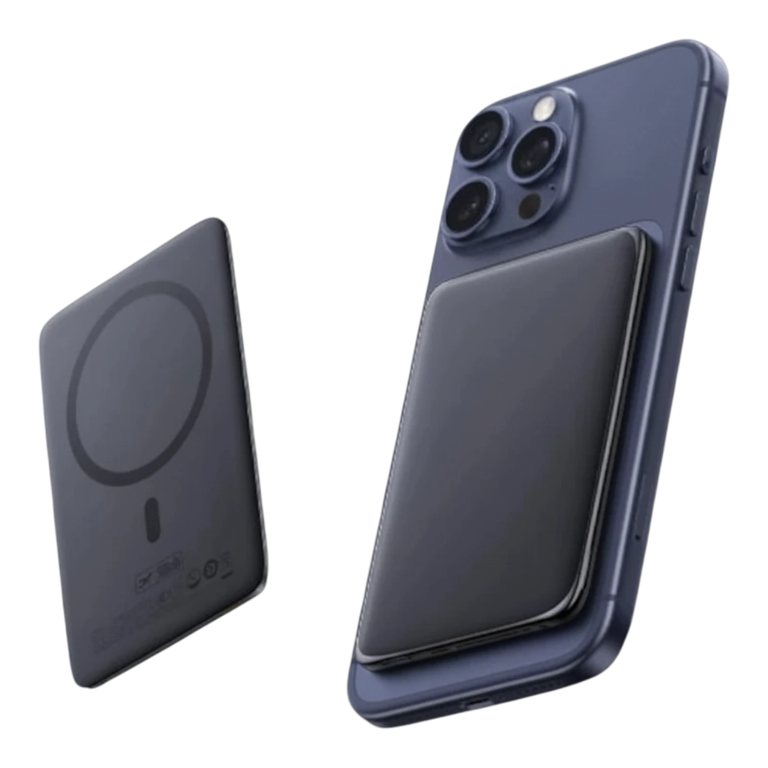 zero2cart slim 5000mAh magnetic wireless power bank attached to a smartphone, showing front and back views.