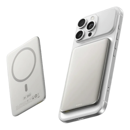 zero2cart ultra-slim 5000mAh magnetic wireless power bank in white attached to a smartphone