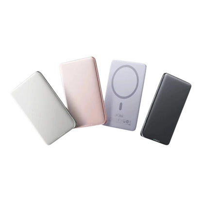 zero2cart ultra-slim 5000mAh magnetic power banks in white, rose gold, light blue, and dark grey on black background