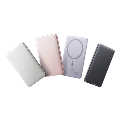 zero2cart ultra-slim 5000mAh magnetic power banks in white, rose gold, light blue, and dark grey on black background