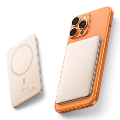 zero2cart slim 5000mAh magnetic wireless power bank attached to an orange smartphone against a black background