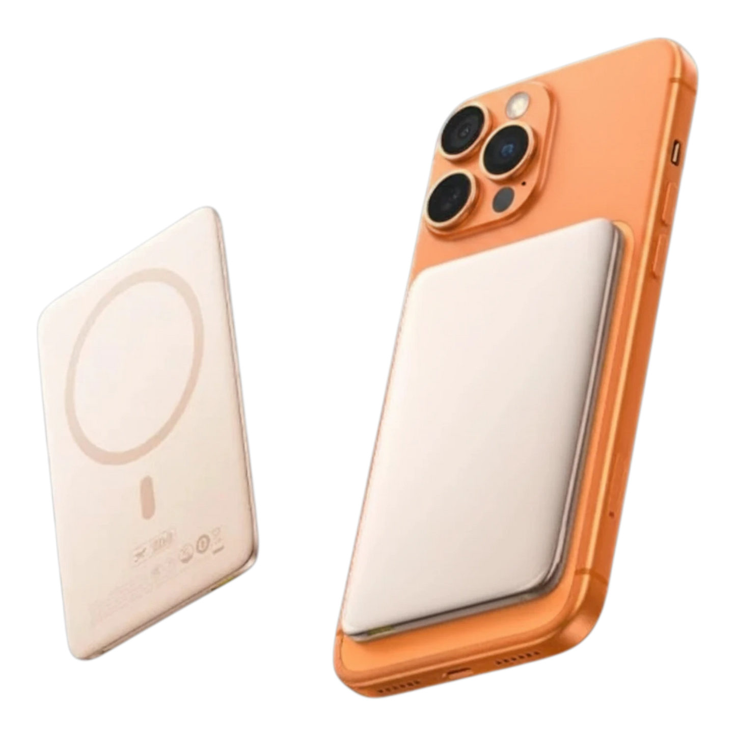 zero2cart slim 5000mAh magnetic wireless power bank attached to an orange smartphone against a black background