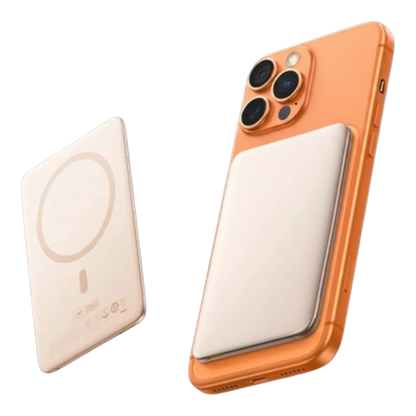 zero2cart slim 5000mAh magnetic wireless power bank attached to an orange smartphone against a black background
