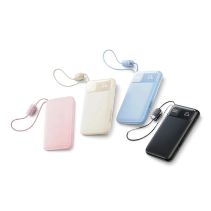 zero2cart slim 10000mAh power banks in black, blue, pink, and beige with built-in USB-C cables and digital display.