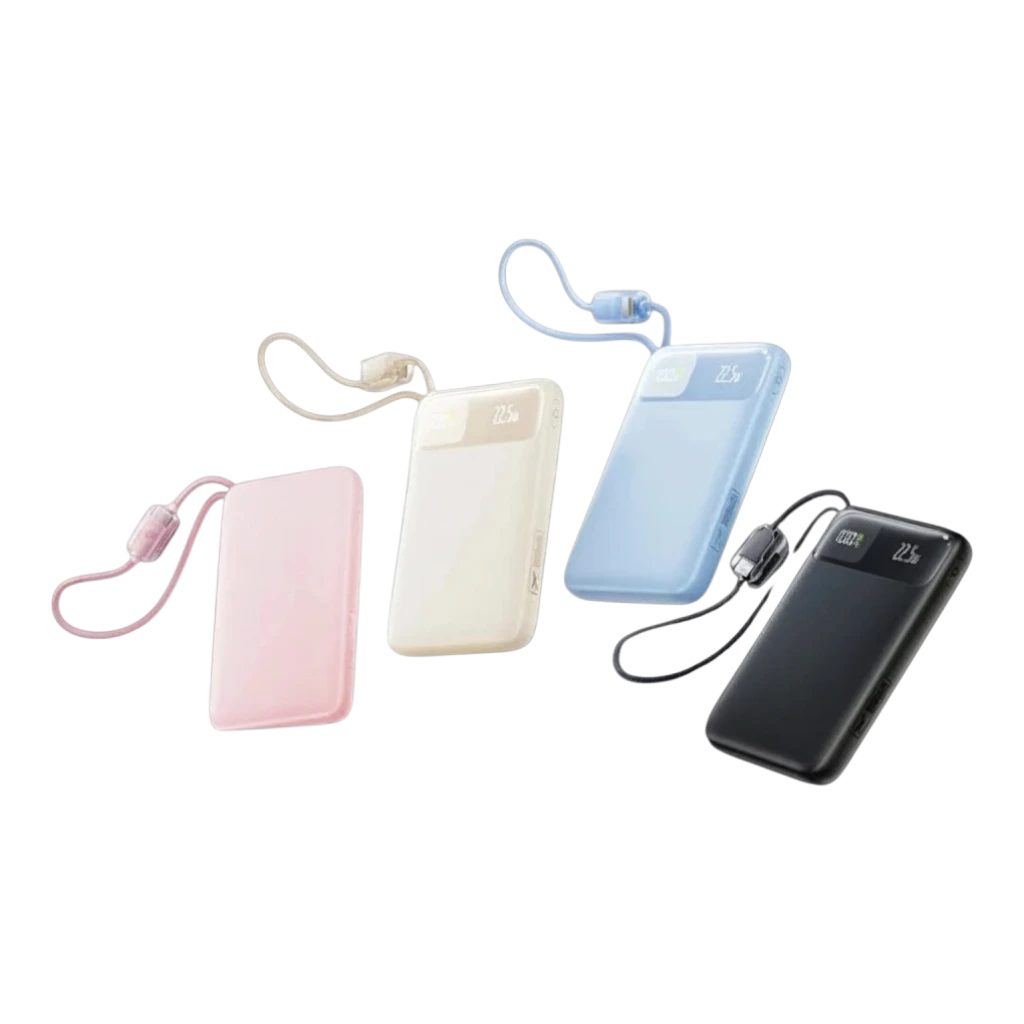 zero2cart slim 10000mAh power banks in black, blue, pink, and beige with built-in USB-C cables and digital display.