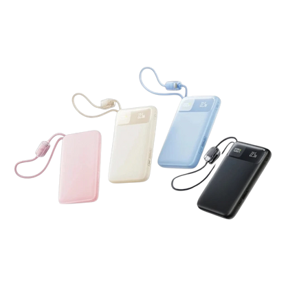zero2cart slim 10000mAh power banks in black, blue, pink, and beige with built-in USB-C cables and digital display.