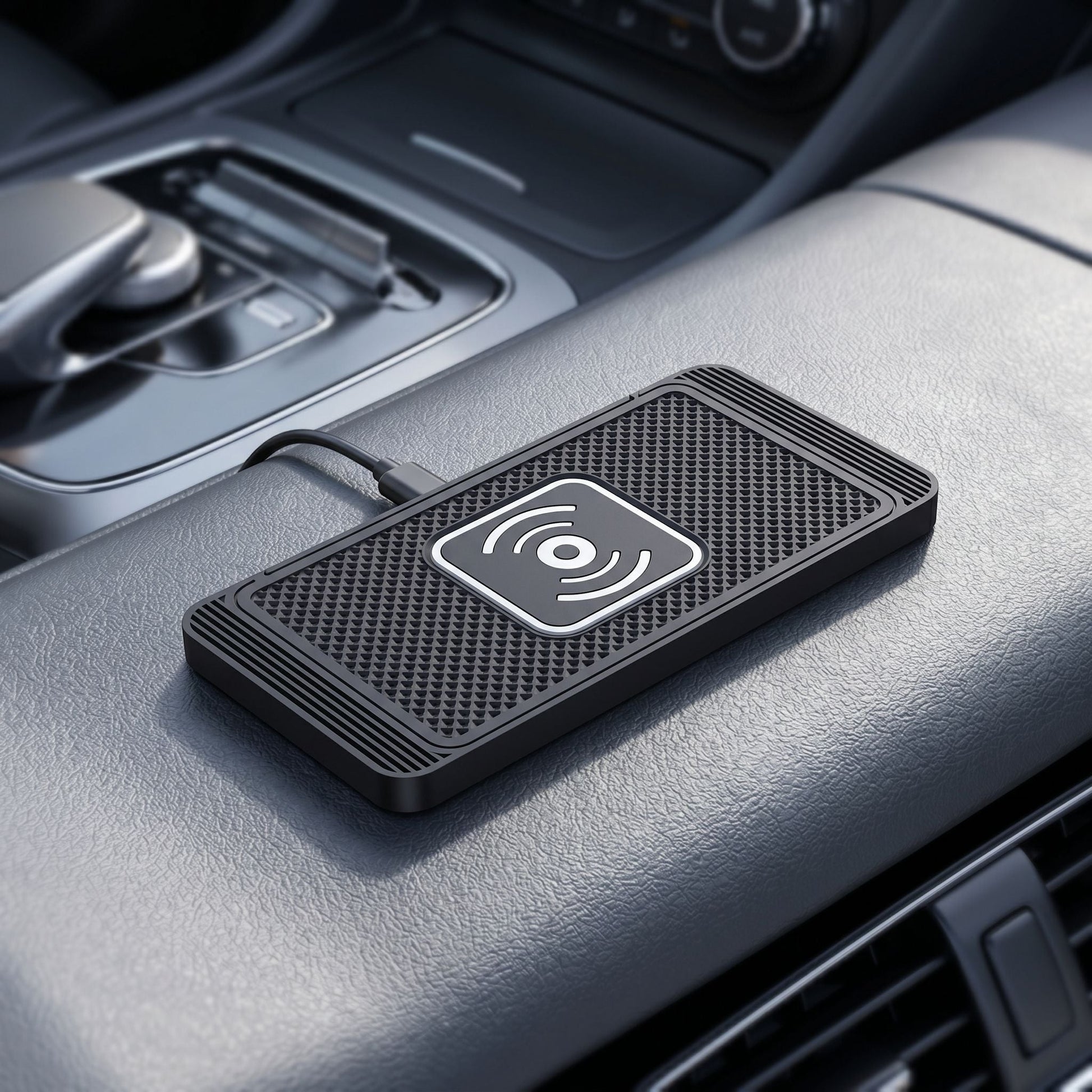 zero2cart slim black wireless car charging pad with textured surface and Type-C cable on a vehicle center console