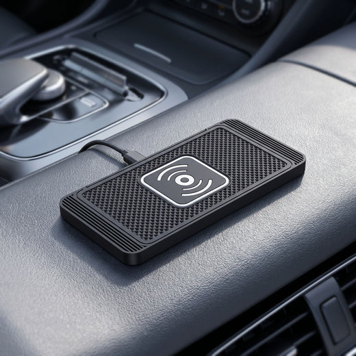 zero2cart slim black wireless car charging pad with textured surface and Type-C cable on a vehicle center console