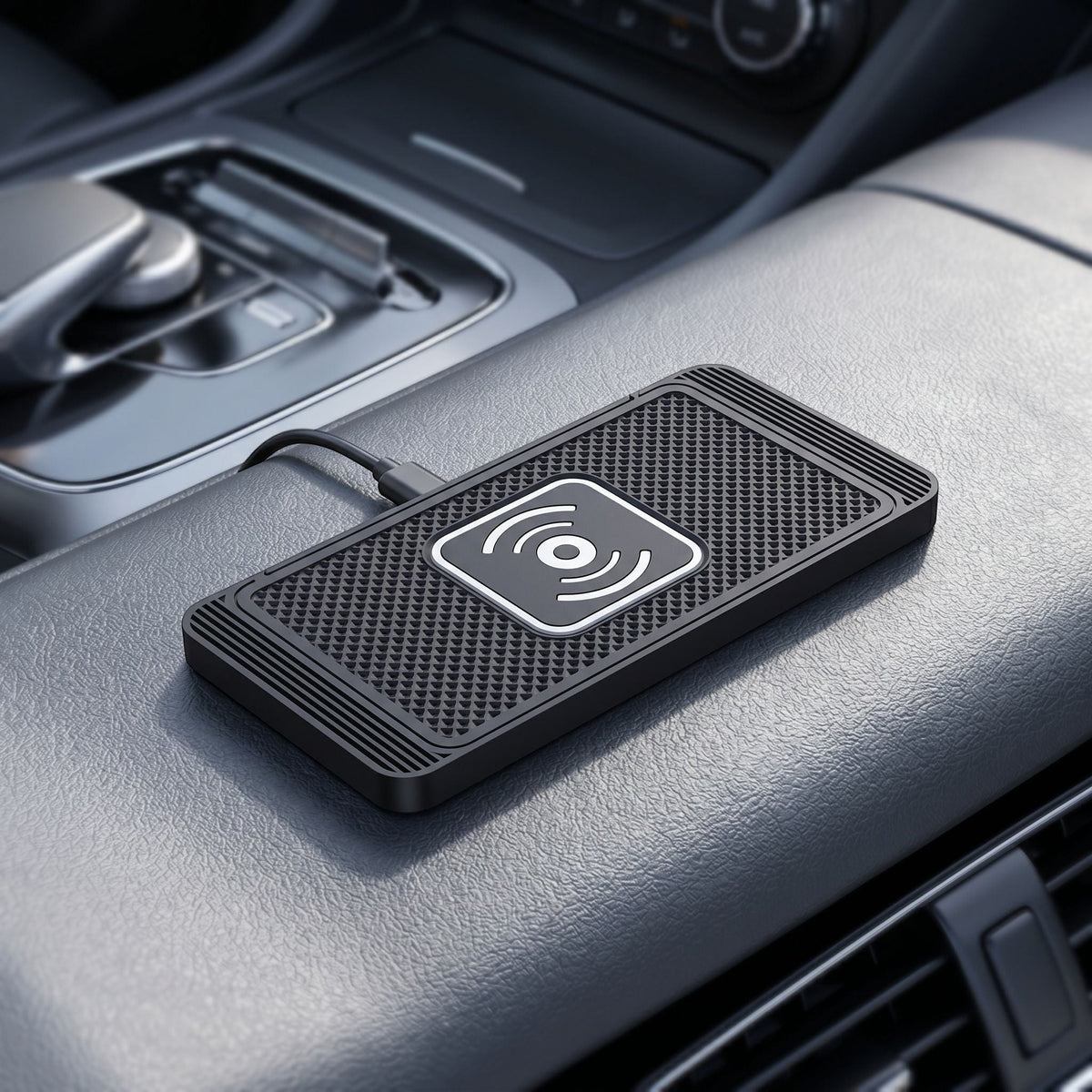zero2cart slim black wireless car charging pad with textured surface and Type-C cable on a vehicle center console