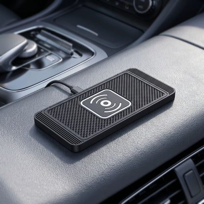 zero2cart slim black wireless car charging pad with textured surface and Type-C cable on a vehicle center console