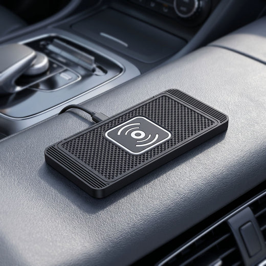 zero2cart slim black wireless car charging pad with textured surface and Type-C cable on a vehicle center console