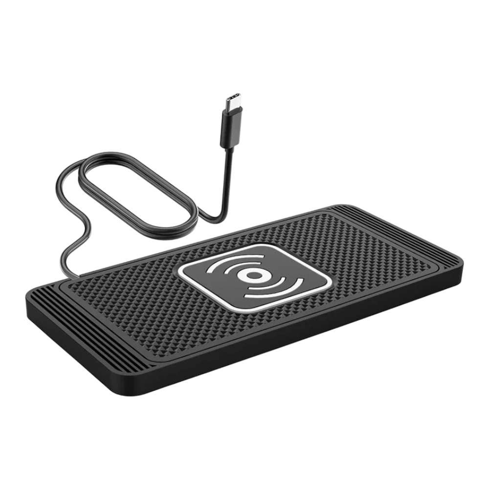 zero2cart 15W slim wireless charging pad with textured black surface and Type-C cable for car or desk use.