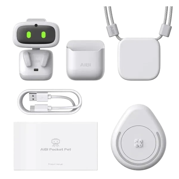 zero2cart smart interactive robot pet toy set with white robot, charging case, neck strap, cable, and manual